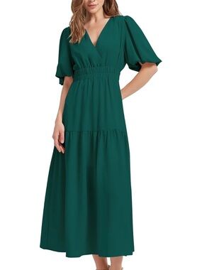 Lucrosun Dark Green Smocked Tiered Midi Dress Puff Sleeves Large NWT